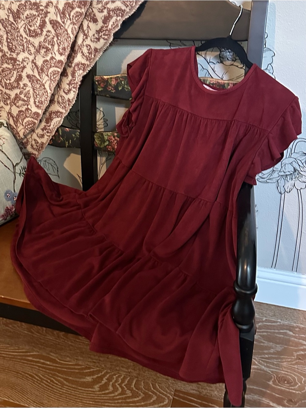 Indigo Soul Burgundy Faux Suede Tiered Ruffle Babydoll Mini Dress, L